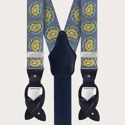 Elegant silk suspenders with paisley pattern, navy blue