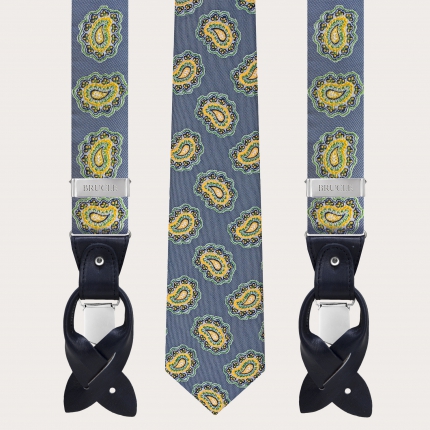 Coordinated suspenders and necktie in silk, macro paisley navy blue