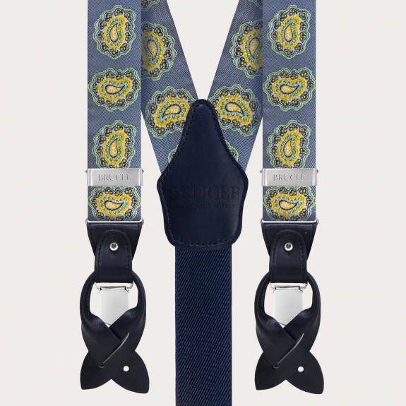 Bretelles et cravate coordonnées en soie, motif paisley bleu marine