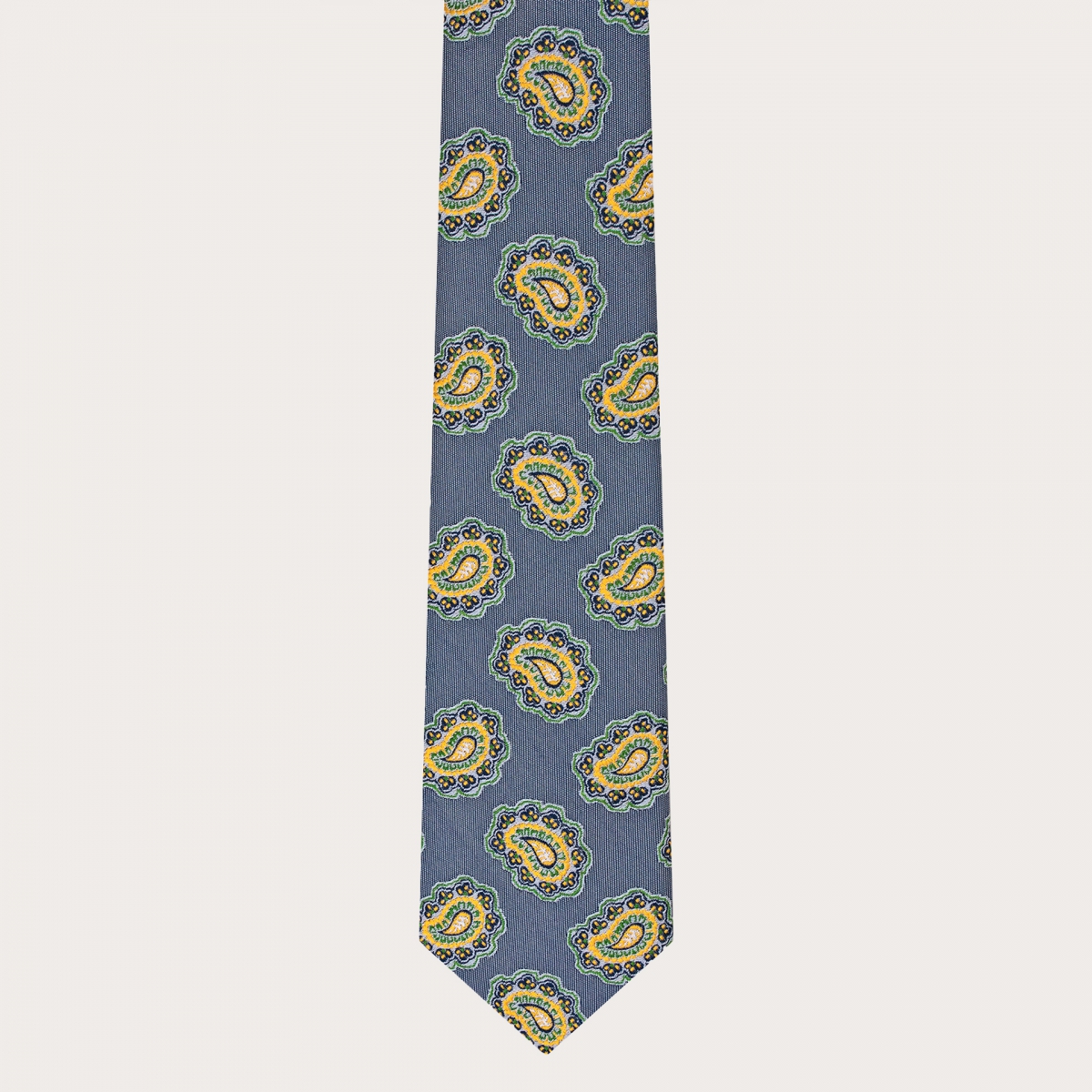 Bretelle e cravatta coordinate in seta, fantasia paisley tortora