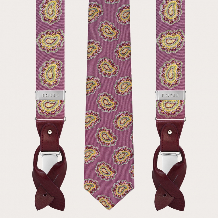 Tirantes y corbata coordinados en seta paisley  rojo cereza
