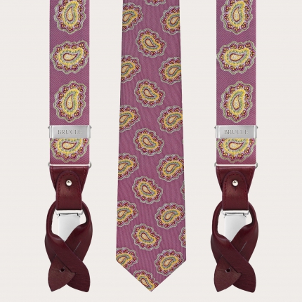 Bretelle e cravatta coordinate in seta, fantasia paisley rosso ciliegia