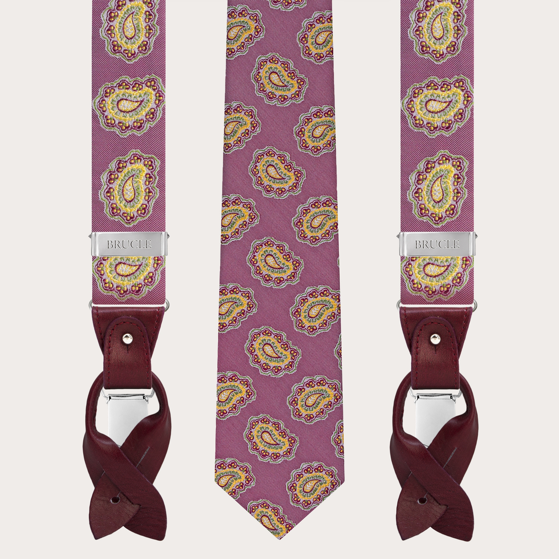 Bretelles et cravate coordonnées en soie, motif paisley Rouge cerise