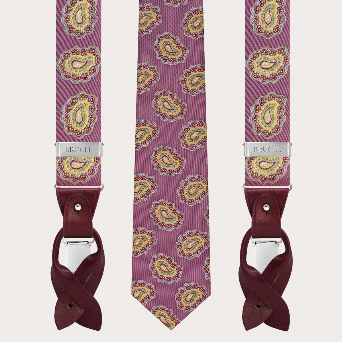 Bretelle e cravatta coordinate in seta, fantasia paisley rosso ciliegia