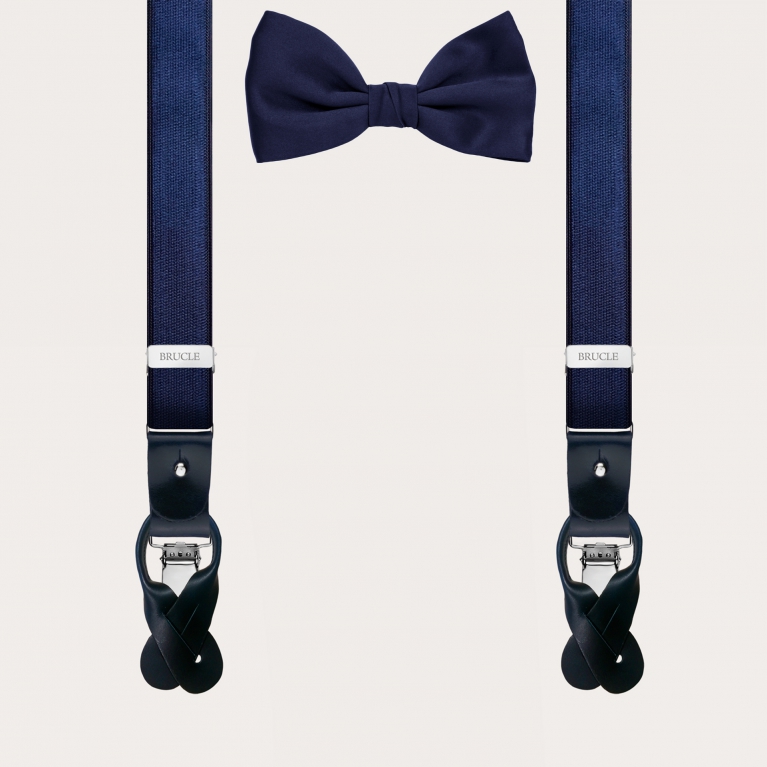 Elégant ensemble bretelles et noeud papillon en satin, bleu