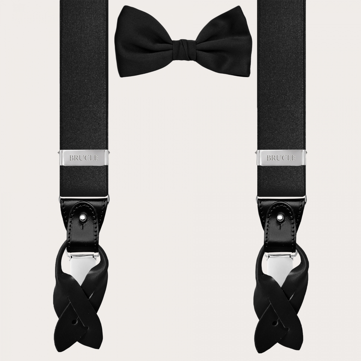 Elegant satin suspenders and bow tie set, black