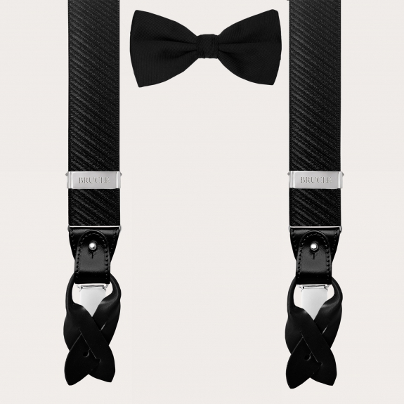 Elegant set of satin suspenders and silk bow tie, black