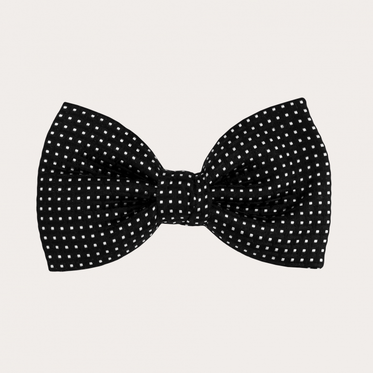Elegant bow tie in jacquard silk, black with geometric pincushion motif