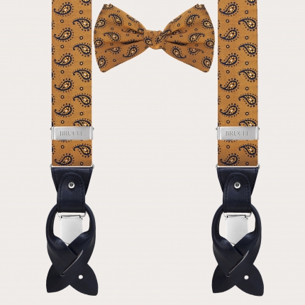 Suspenders and bow tie set in silk, bronze and blue paisley pattern