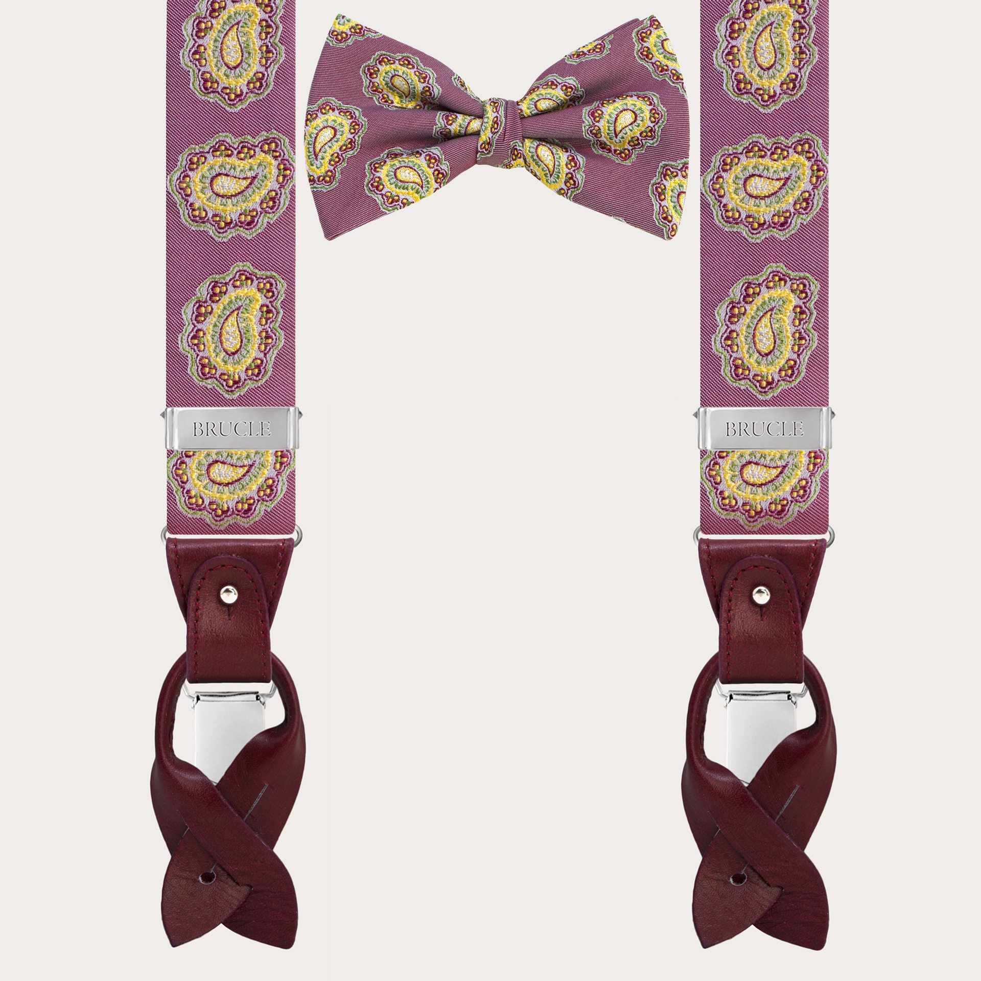 BRUCLE Bretelle e papillon coordinati in seta, fantasia paisley rosso ciliegia