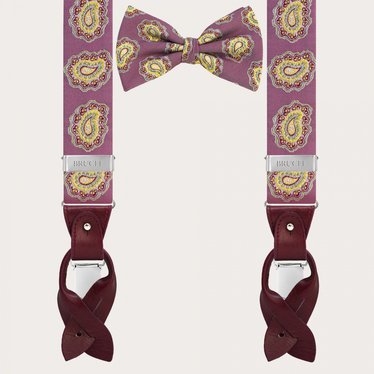 BRUCLE Bretelle e papillon coordinati in seta, fantasia paisley rosso ciliegia