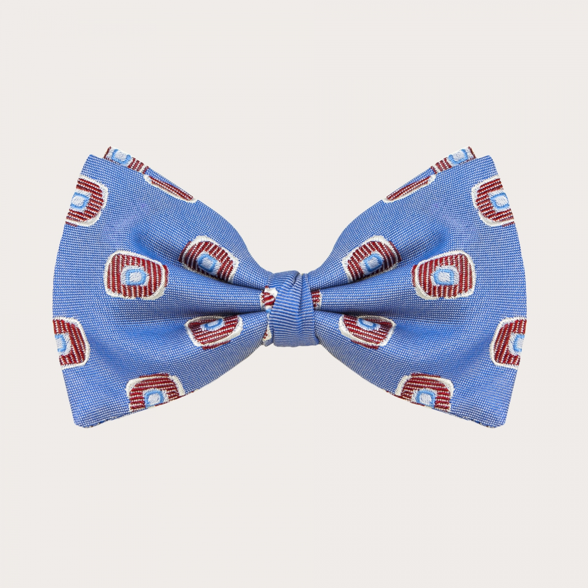 Bow tie in jacquard silk, blue with red geometric pattern