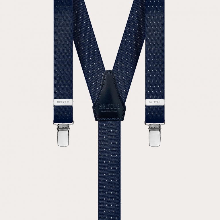 Skinny Y-shape elastic suspenders with clips, white dotted blue