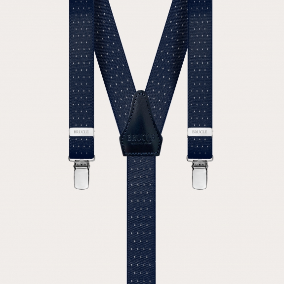 Skinny Y-shape elastic suspenders with clips, white dotted blue