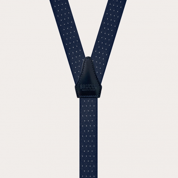 Skinny Y-shape elastic suspenders with clips, white dotted blue