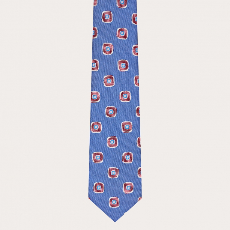 Cravate homme en soie jacquard, bleu avec motif géométrique rouge