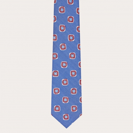 Men's tie in jacquard silk, blue with red geometric pattern