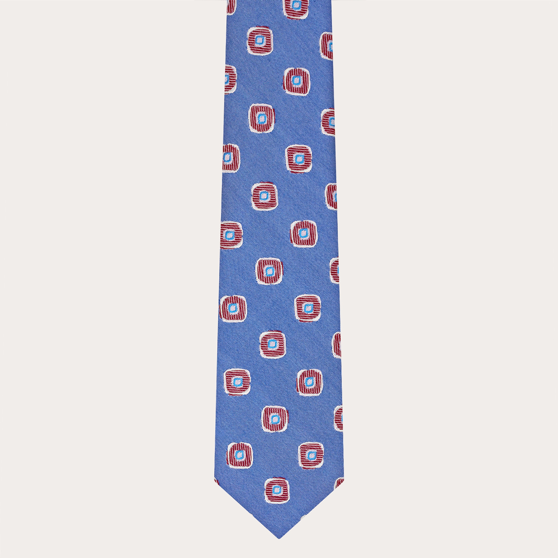 Cravate homme en soie jacquard, bleu avec motif géométrique rouge