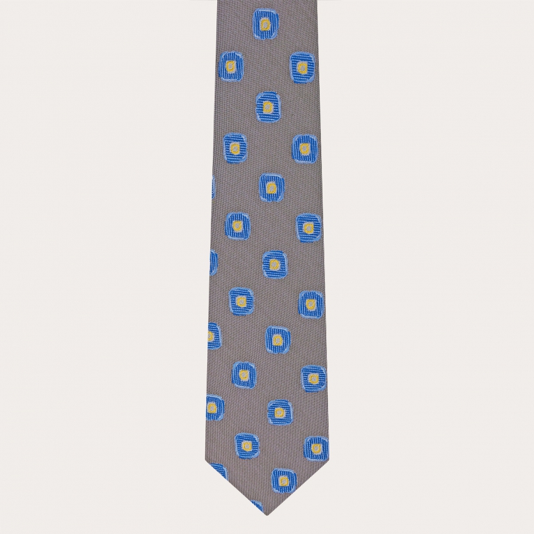Cravatta uomo in seta jacquard, tortora con fantasia geometrica blu