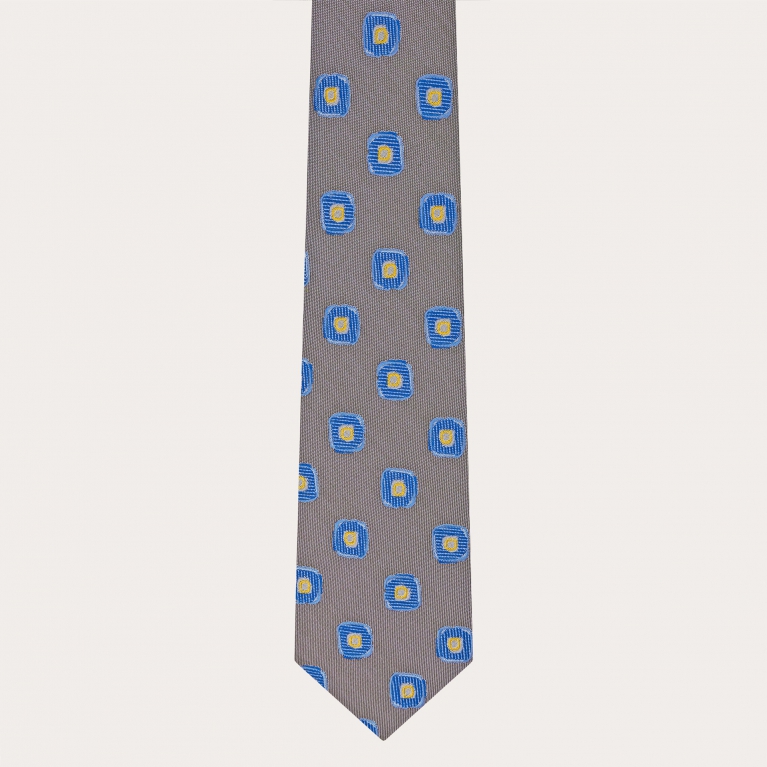 Herrenkrawatte aus Jacquard-Seide, taupe mit blauem geometrischem Muster