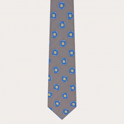 Cravate homme en soie jacquard, taupe à motif géométrique bleu