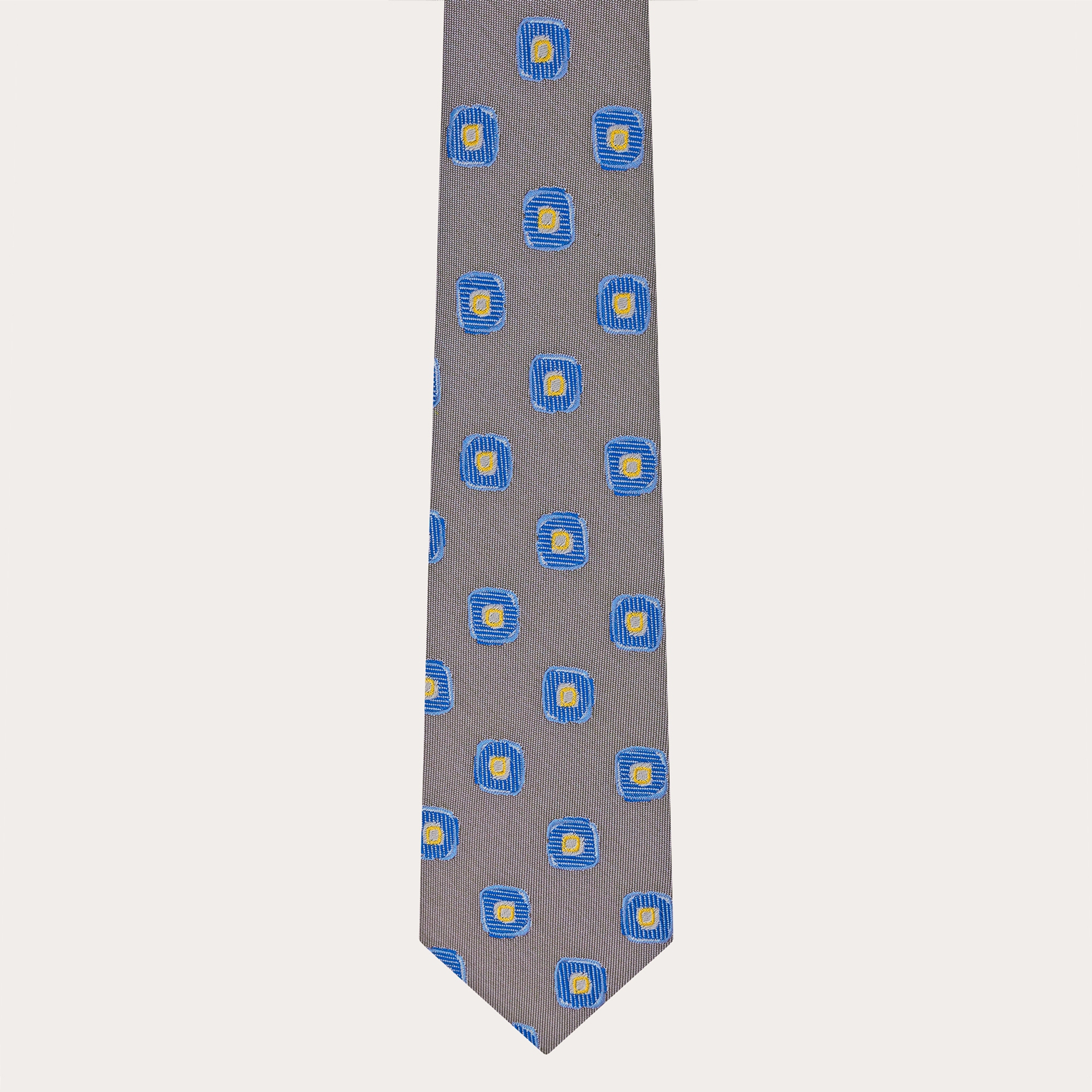 Men's tie in jacquard silk, taupe with blue geometric pattern