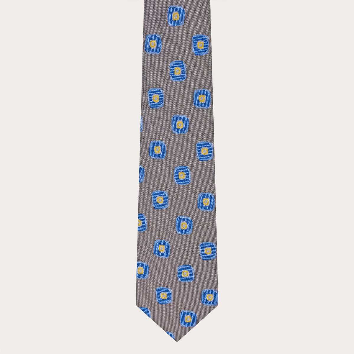 Men's tie in jacquard silk, taupe with blue geometric pattern