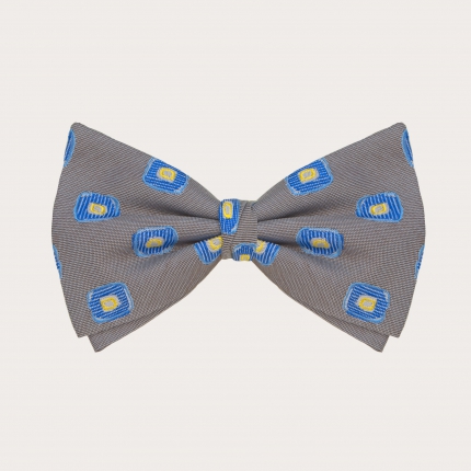 Bow tie in jacquard silk, dove gray with blue geometric pattern