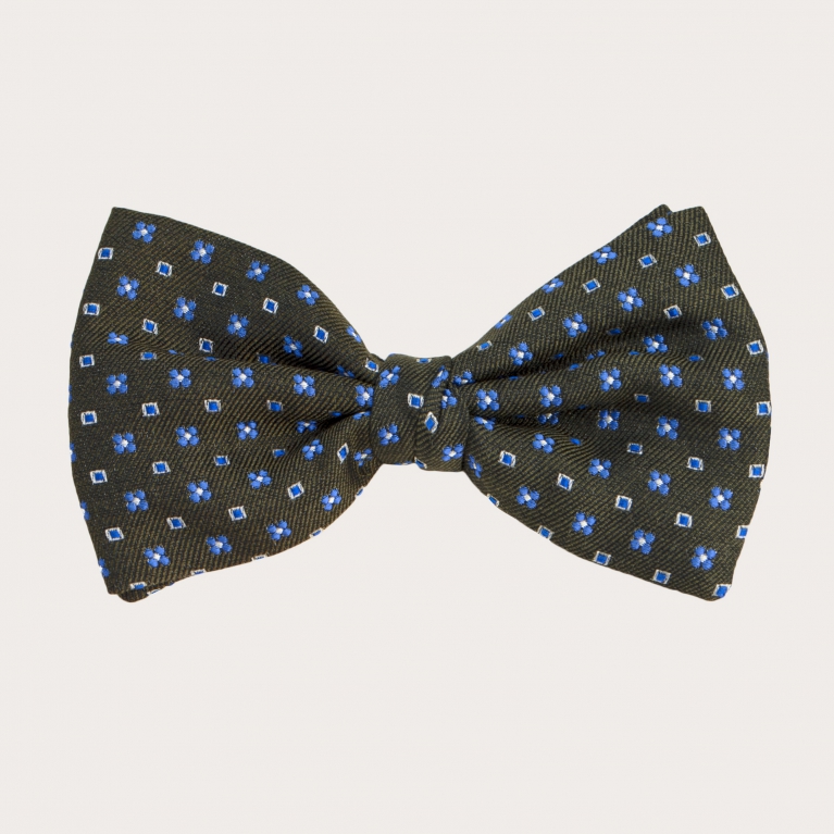 Bow tie in silk and cotton, green floral and geometric pattern