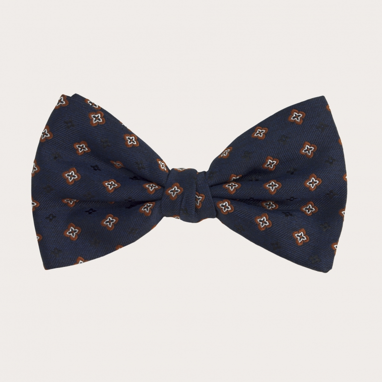 Formal bow tie in jacquard silk, blue with brown pattern