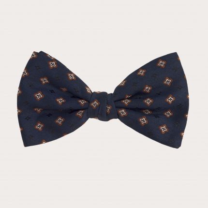 Formal bow tie in jacquard silk, blue with brown pattern