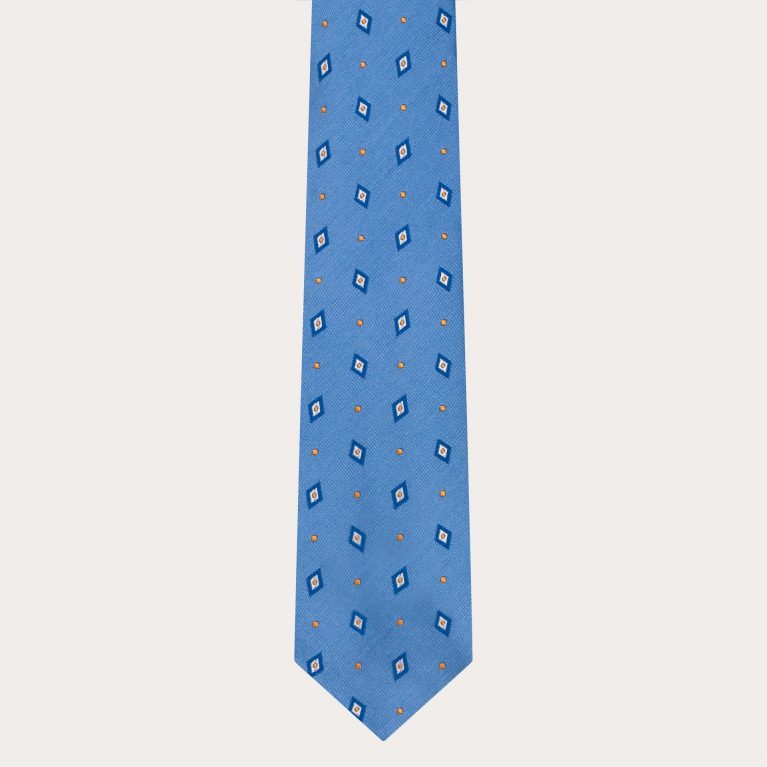 Cravatta in seta jacquard per abito, azzurro con rombi e puntini blu e giallo