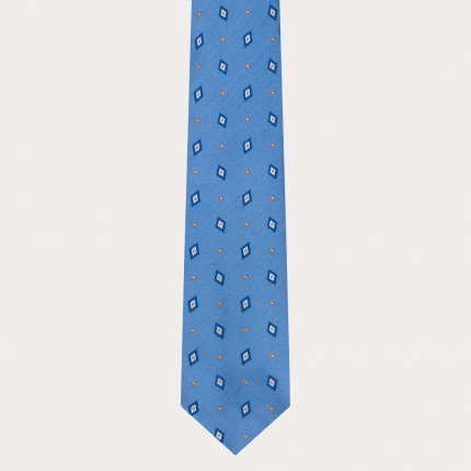 Jacquard silk tie for suit, light blue with blue and yellow diamonds and dots