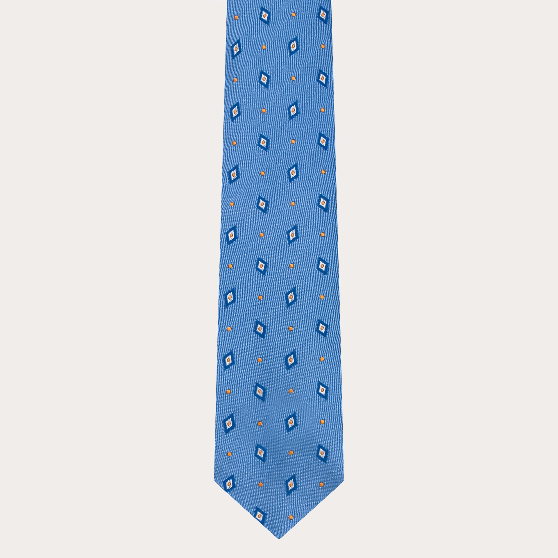 Cravate en soie jacquard pour costume, bleu clair avec losanges et pois bleus et jaunes