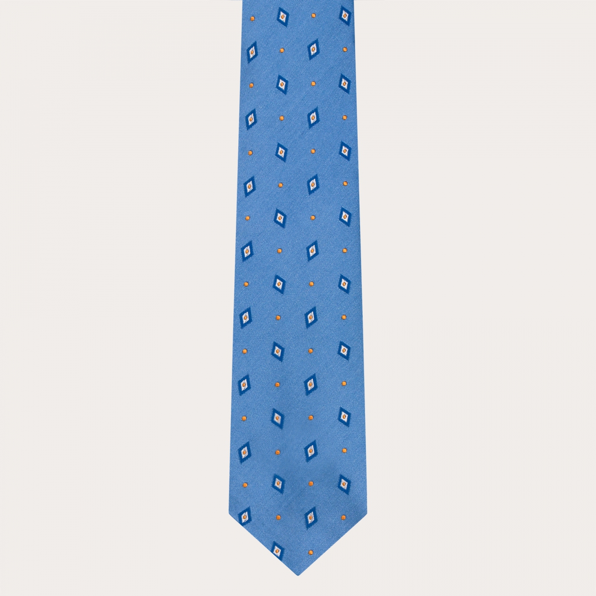 Cravate en soie jacquard pour costume, bleu clair avec losanges et pois bleus et jaunes