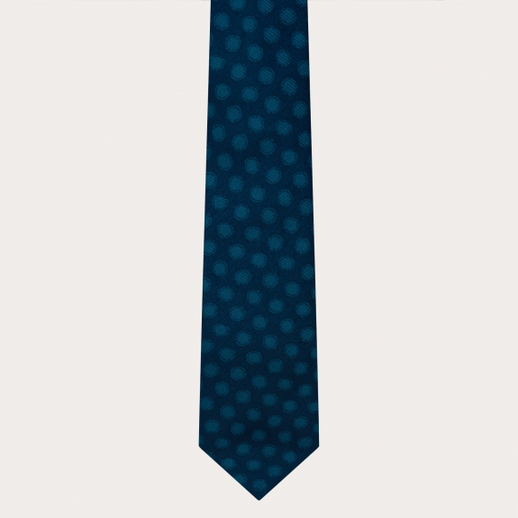 Elegant silk tie, blue with petrol polka dots