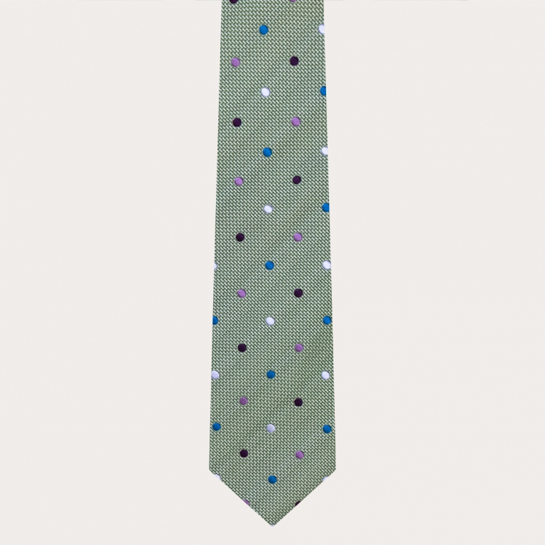 Raffinata cravatta in seta jacquard, verde con pois multicolor