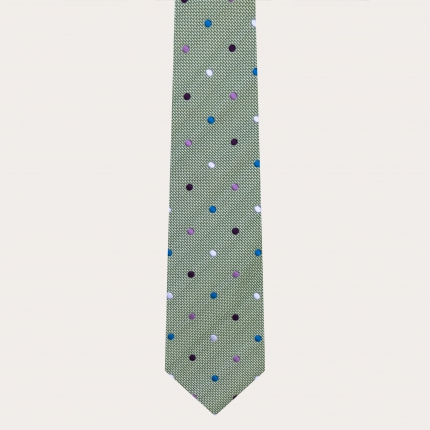 Refined necktie in jacquard silk, green with multicolor polka dots
