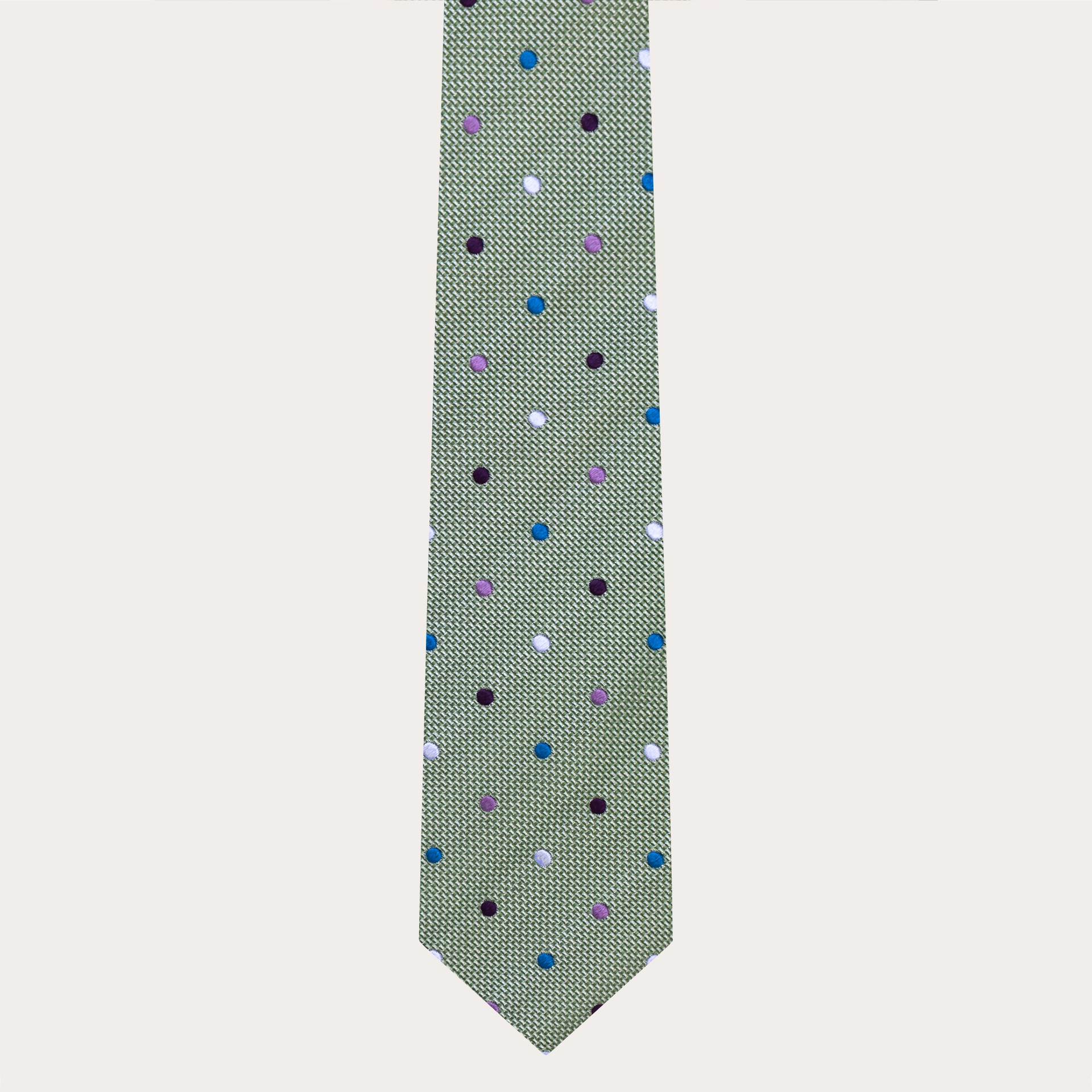 Refined necktie in jacquard silk, green with multicolor polka dots
