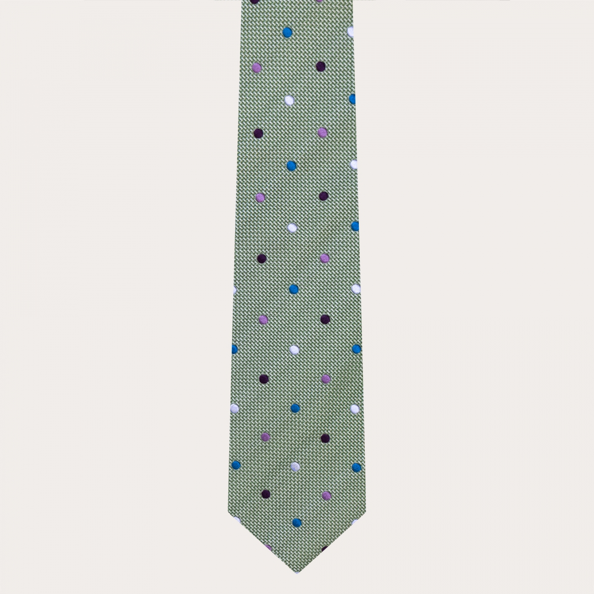 Raffinata cravatta in seta jacquard, verde con pois multicolor