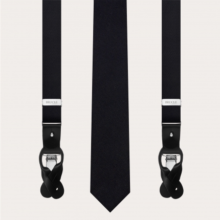 Matching skinny suspenders and necktie in jacquard silk, black