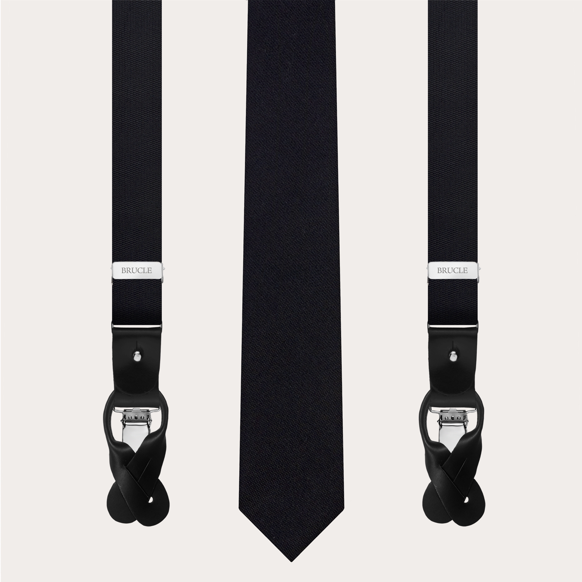 Bretelles et cravate fines assorties en soie jacquard noire