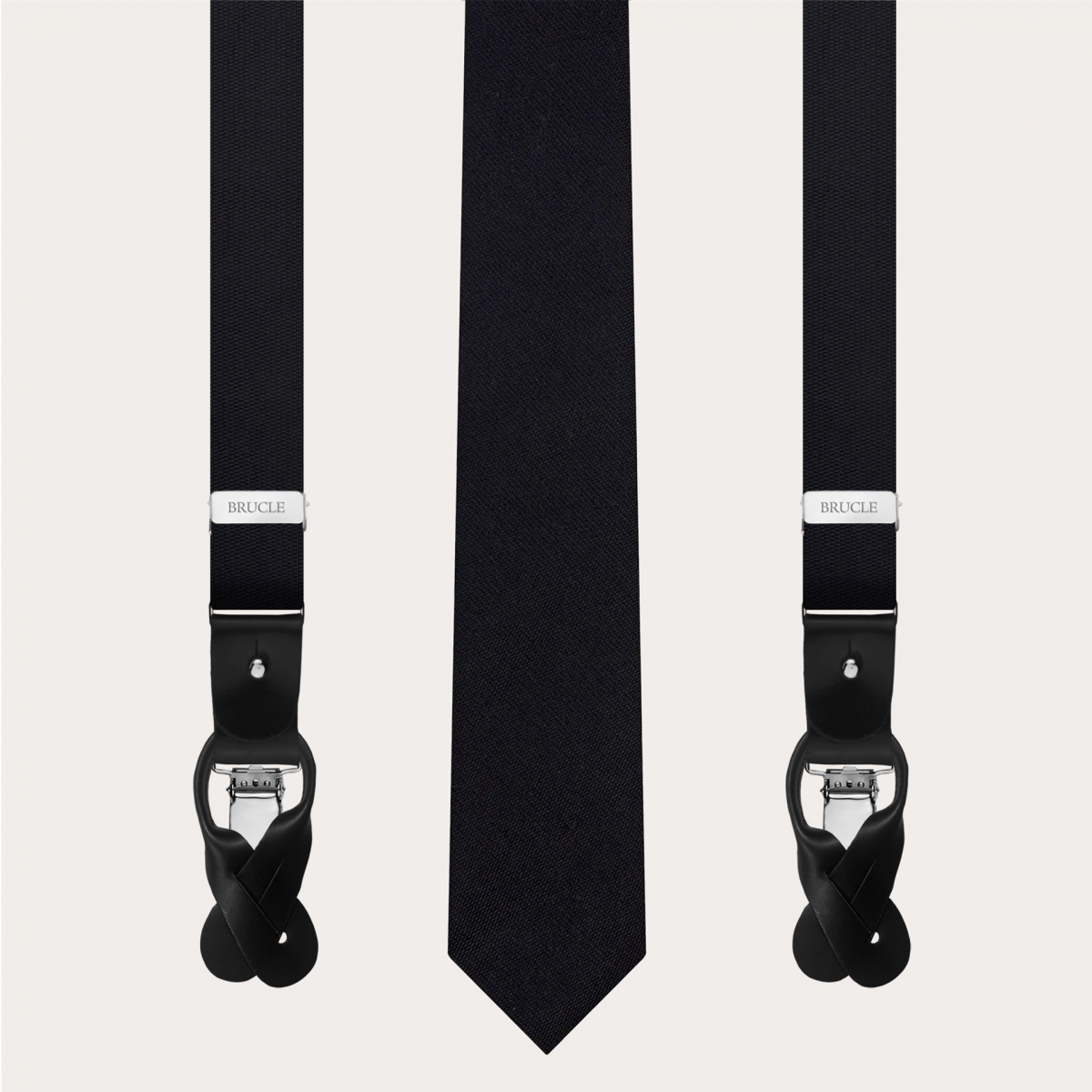 Bretelle e cravatta strette coordinate in seta jacquard, nere