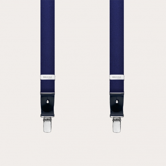 Formal skinny Y-shape pure silk suspenders, navy blue
