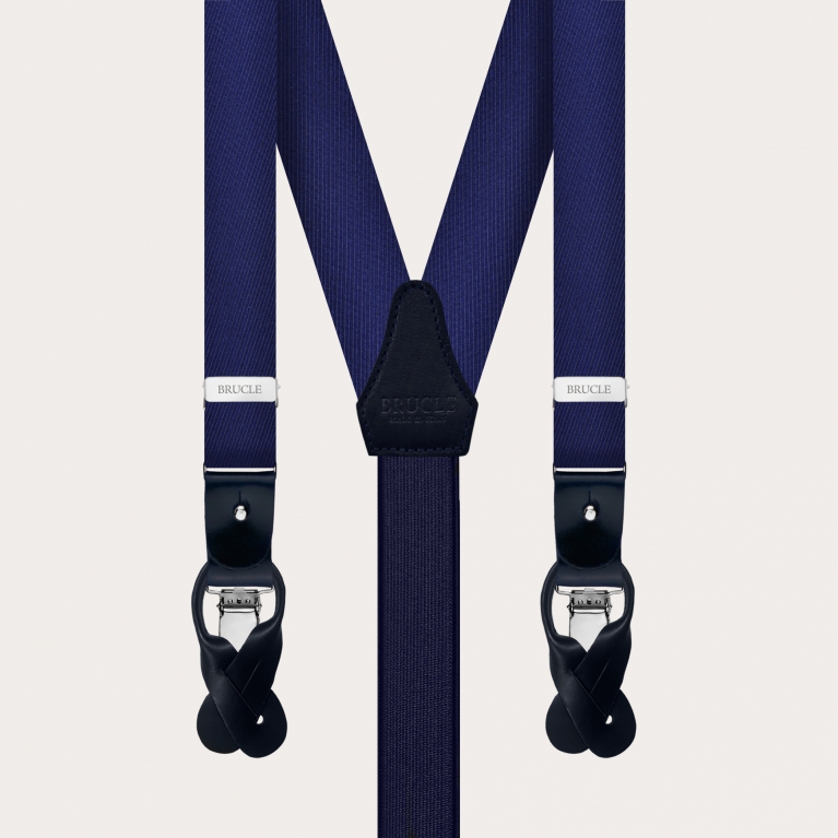 Formal skinny Y-shape pure silk suspenders, blue