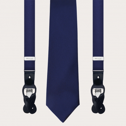Matching skinny suspenders and necktie in jacquard silk, blue