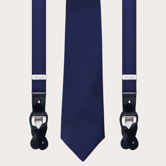 Hosenträger und Krawatte schmale aus Jacquard-Seide, blau