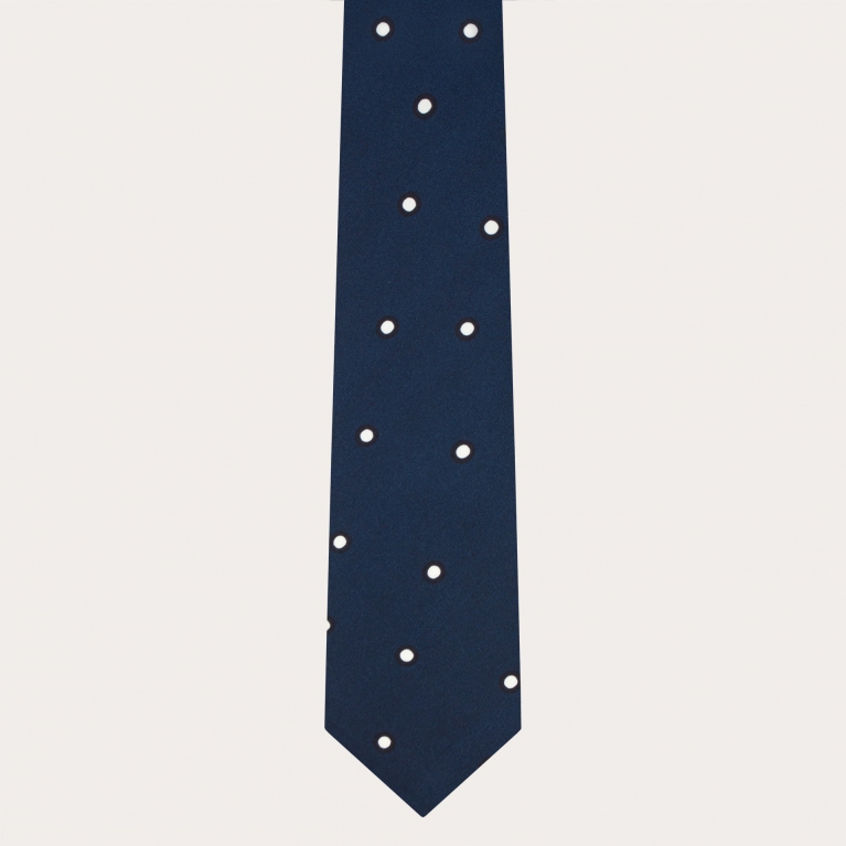 Corbata de seda para hombre azul con estampado de lunares blancos