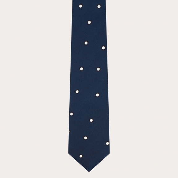Corbata de seda para hombre azul con estampado de lunares blancos
