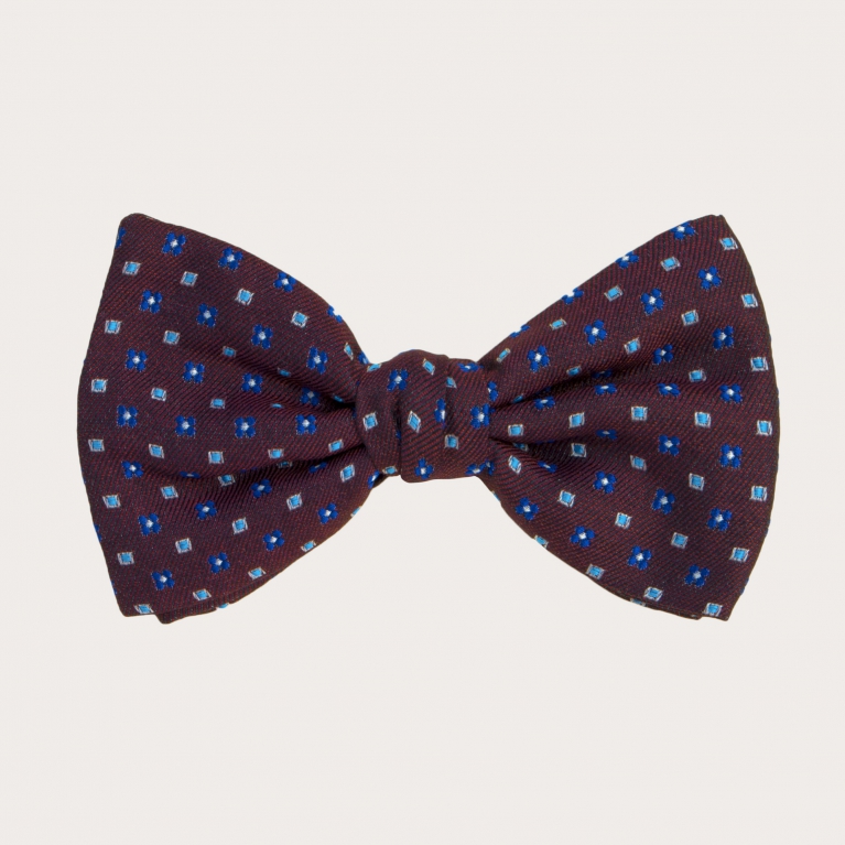 Bow tie in silk and cotton, burgundy floral and geometric pattern